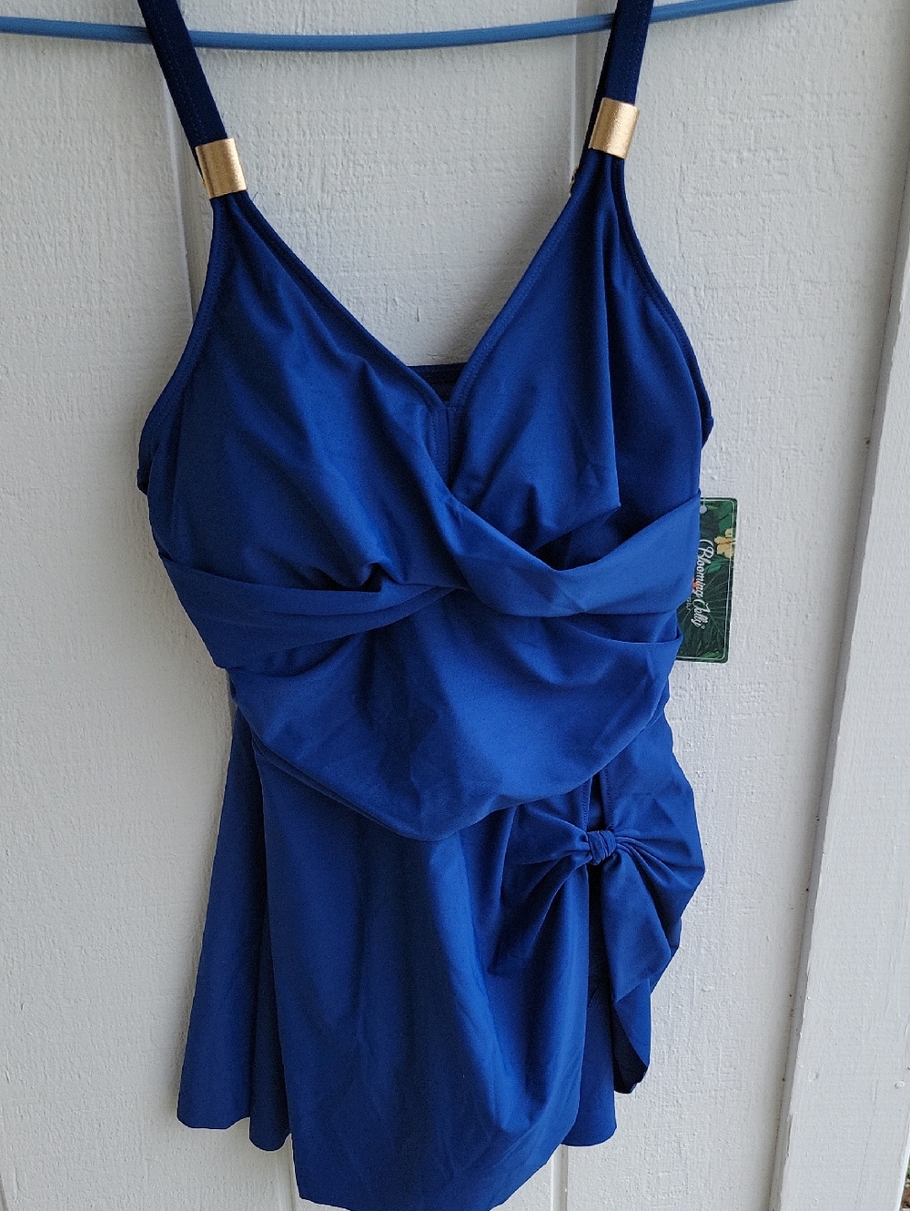 Blue V-Neck One-Piece Swimdress with Side Tie Gold Accents